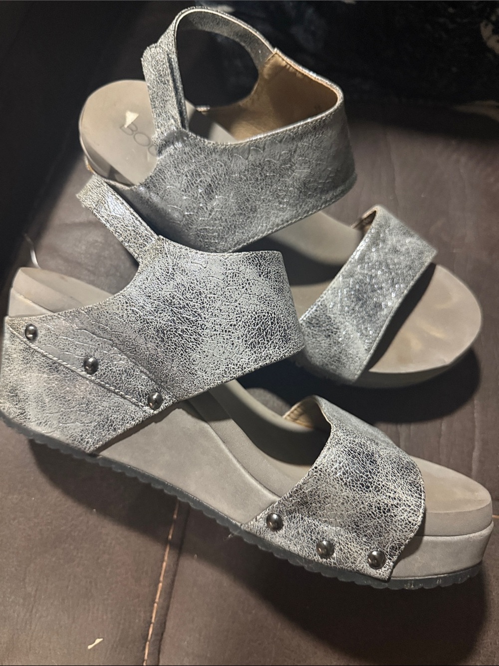Metallic Silver Wedge Sandals with Ankle Strap